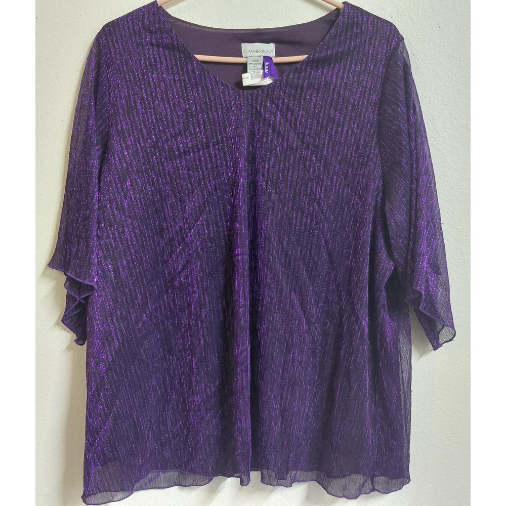 Catherines Petite 1XWP 18/20W Purple Metallic Sheer Overlay Lined Blouse Top